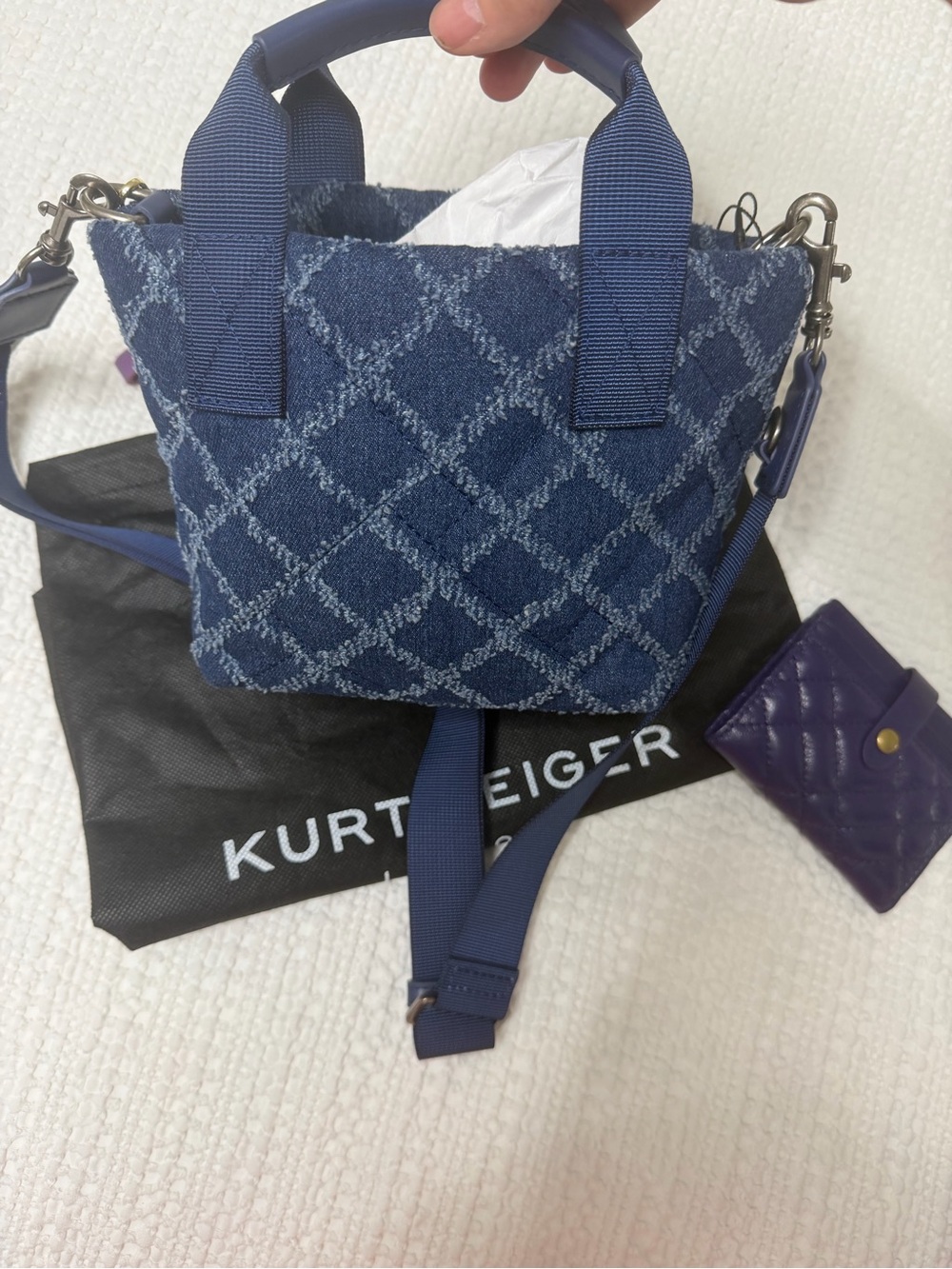 Kurt Geiger Textured Denim Quilted Mini Tote in Navy